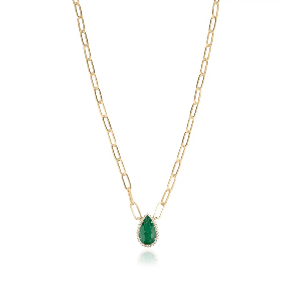 May Birthstone Emerald & Diamond Solitaire Cluster Pendant Necklace Fine K14 Real Yellow Gold