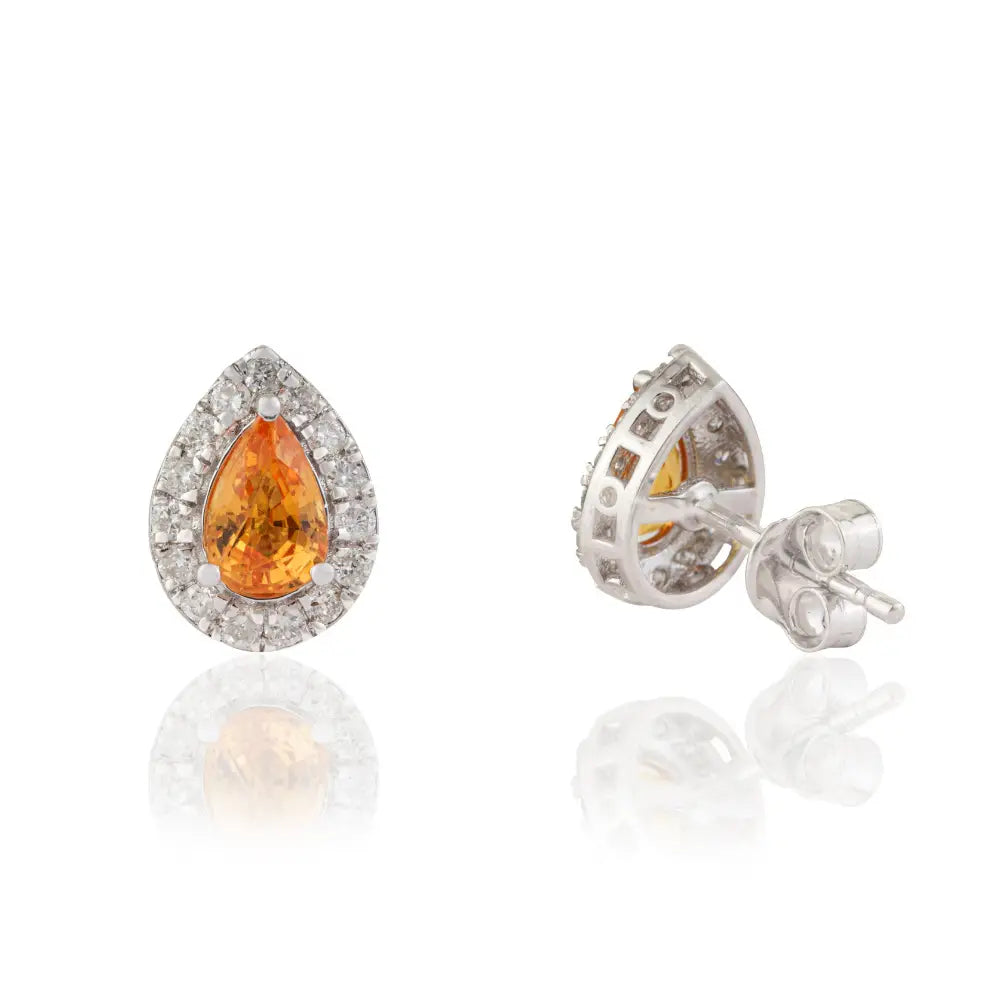 Solid K14 White Gold Yellow Sapphire & Diamond Fine Halo Stud Earrings Handmade Jewelry