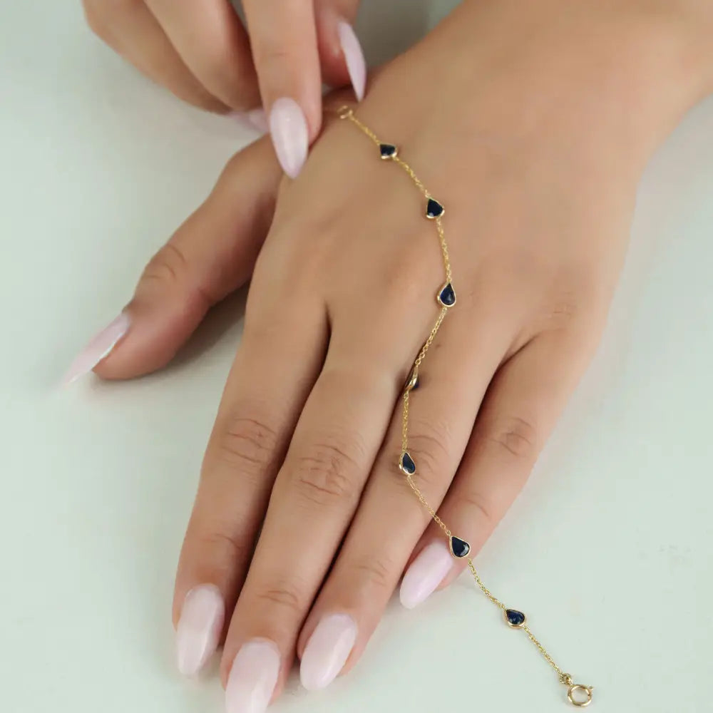 Delicate Simple Design Blue Sapphire Minimal Stacking Station Chain Bracelet 14K Yellow Gold