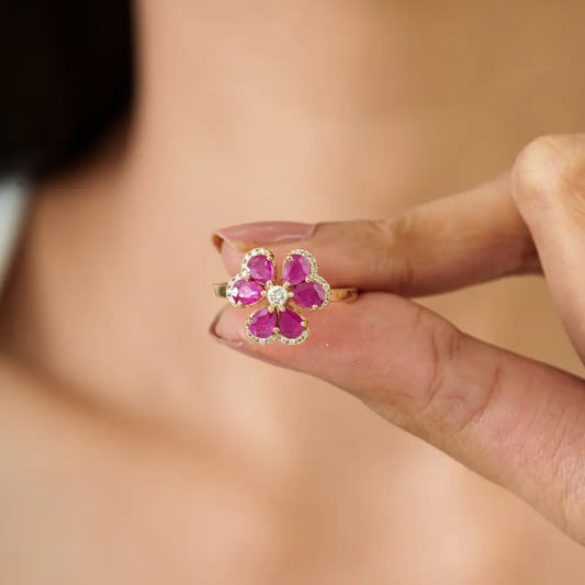 Luxury Ruby & Diamond Flower Shape Cocktail Ring For Wedding Solid 14K Yellow Gold Jewelry