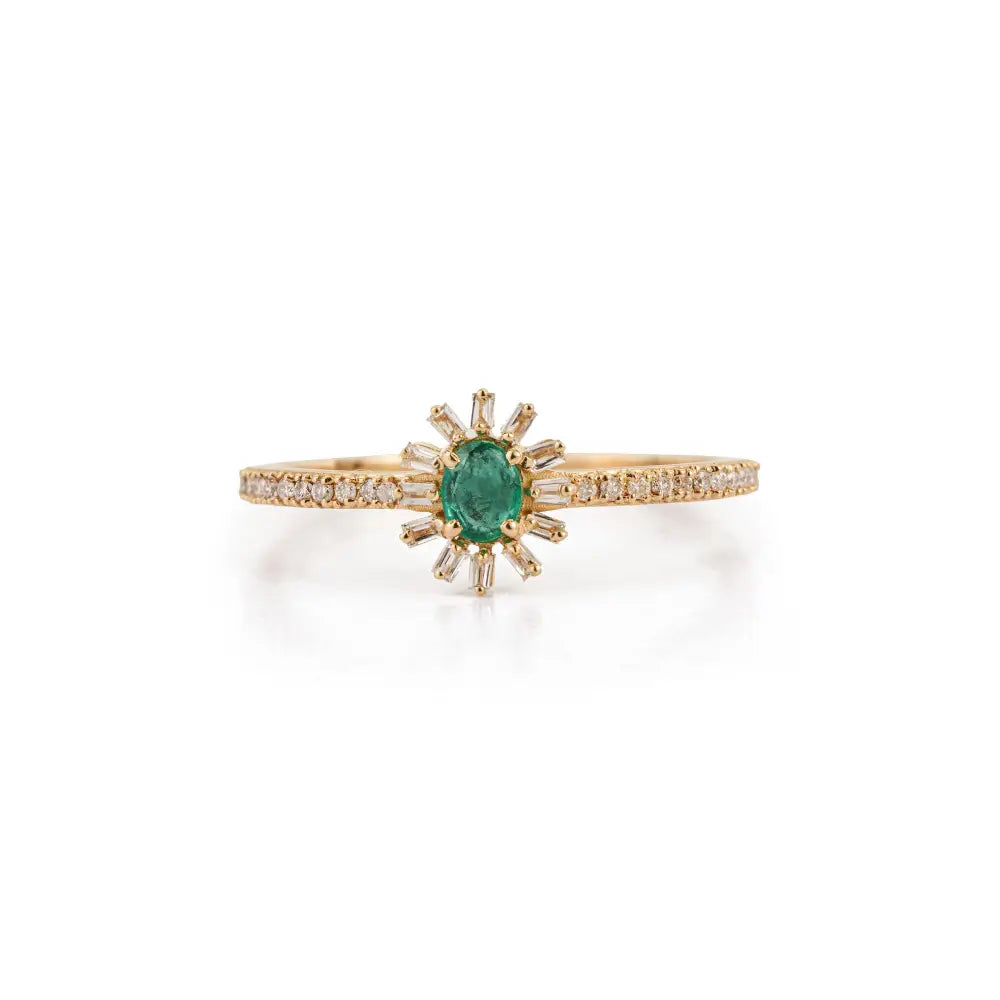 Newly Design Emerald & Diamond K14 Solid Yellow Gold Stacking Ring Minimal Jewelry