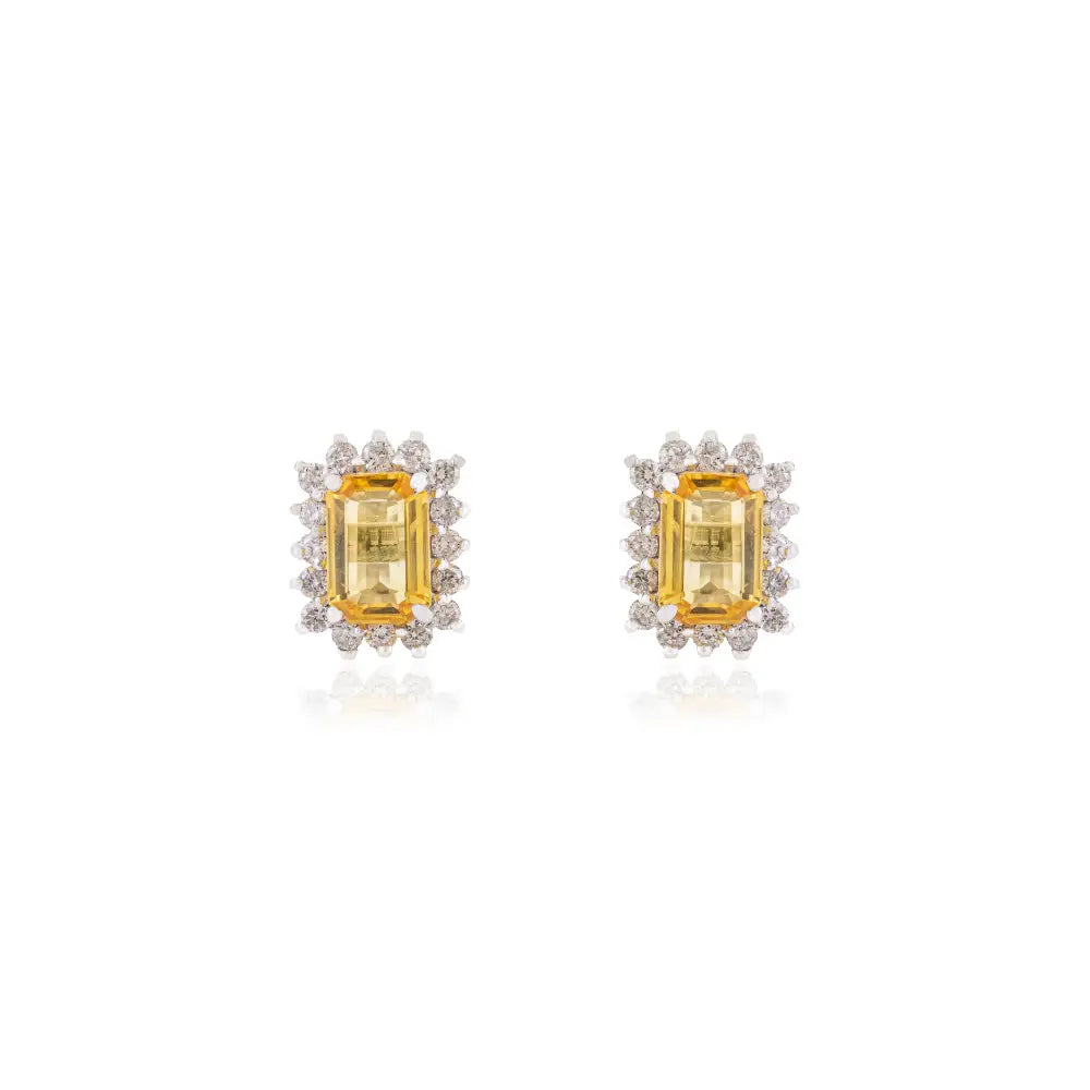 Yellow Sapphire & Diamond Push Back Cluster Stud Earrings 14K Real White Gold Women Jewelry