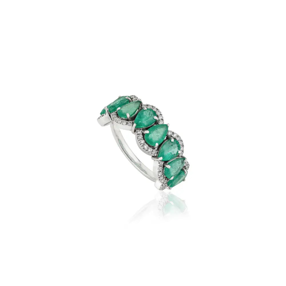Zambian Emerald & Diamond 14K Real White Gold Wave Shape Half Eternity Band Ring