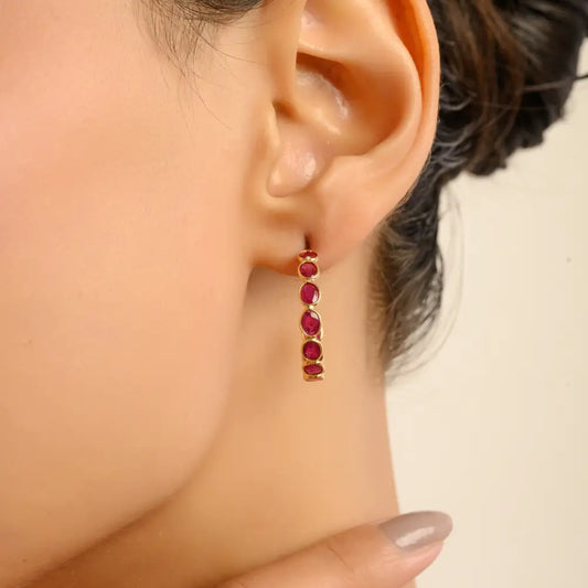 Bezel Set C Shape Hoop Earrings Featuring Ruby Gemstone 18K Real Yellow Gold Gift For Mom