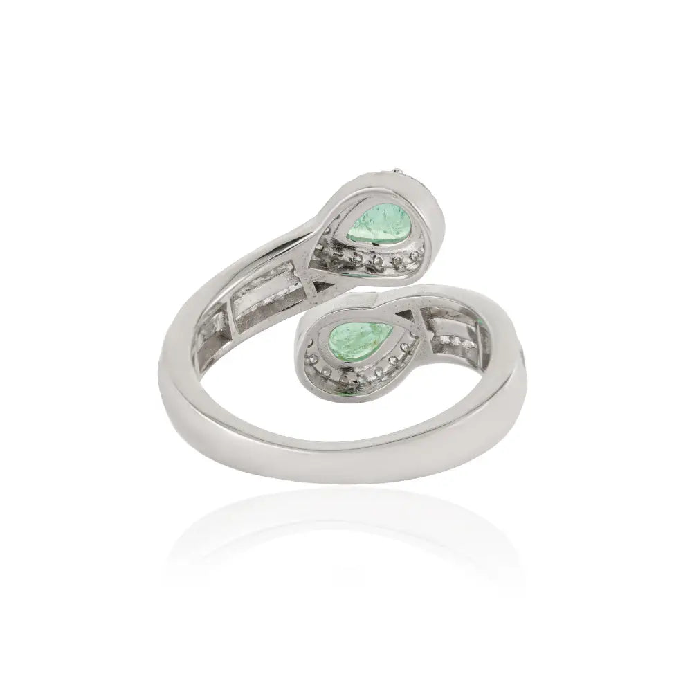 Authentic Emerald & Diamond Statement Bypass Ring Pure 14K White Gold Handmade Jewelry
