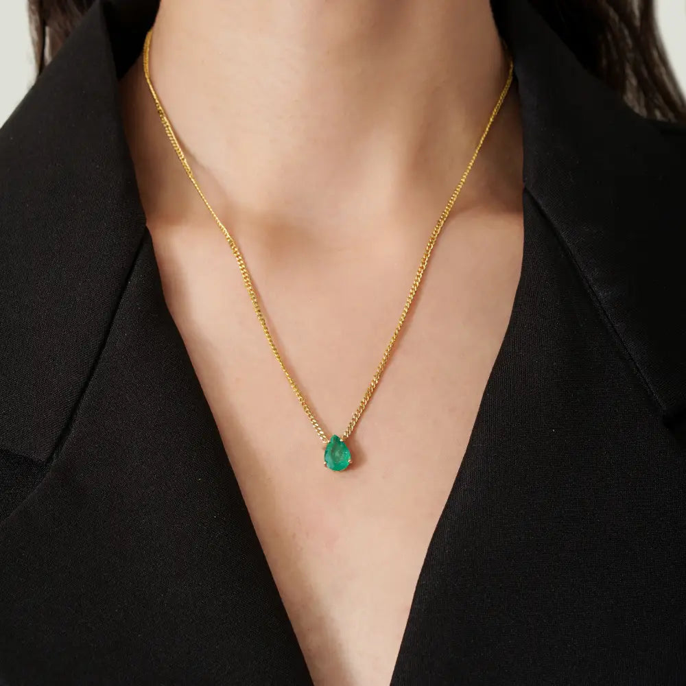 Handmade Natural Emerald Miami Cuban Chain Single Stone Pendant Necklace K14 Yellow Gold