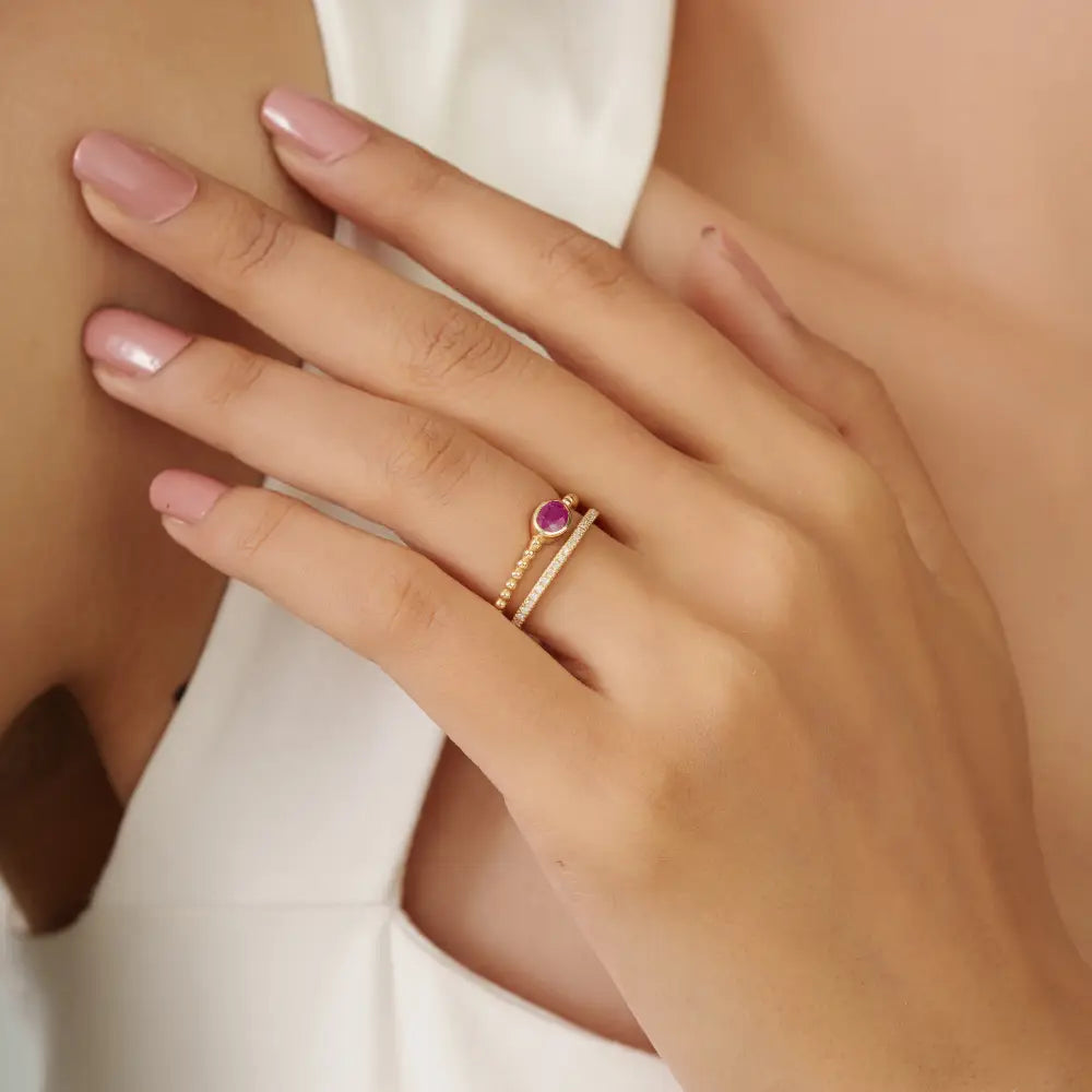 Genuine Ruby & Diamond K14 Real Yellow Gold Double Band Ring Wedding Women Jewelry
