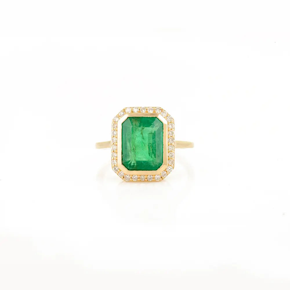 Octagon Cut Emerald & Diamond Halo Statement Ring Real K14 Yellow Gold Precious Jewelry