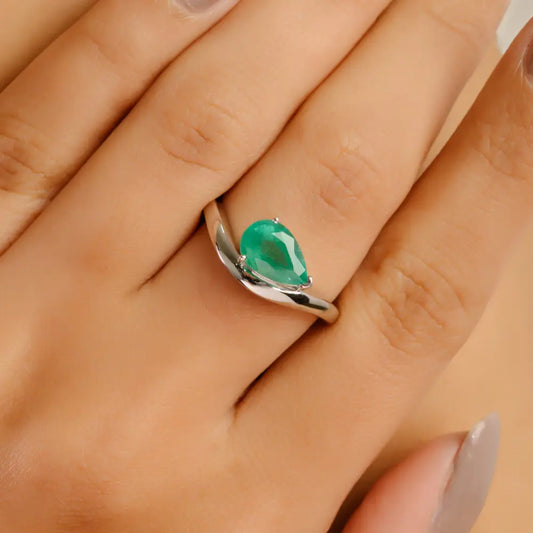 9x6 mm Pear Shape Zambian Emerald Fine Statement Wavy Band Ring 14K Solid White Gold