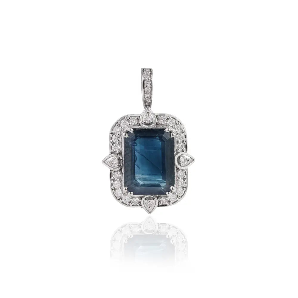 Wholesale Jewelry Design Blue Sapphire & Diamond Fine Halo Pendant 14K White Gold