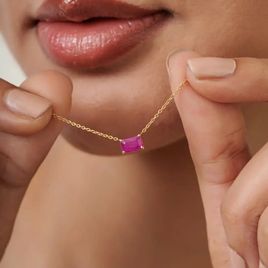 Genuine Ruby East West Solitaire Gemstone Pendant Necklace 18K Yellow Gold Hot Sale Jewelry
