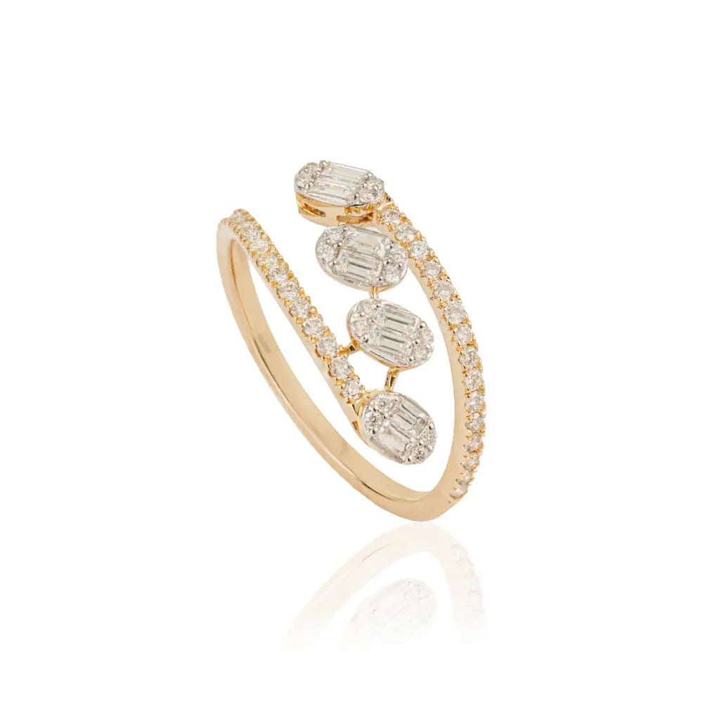 Unique Design 14K Pure Yellow Gold Genuine Diamond Bypass Style Statement Ring For Wedding