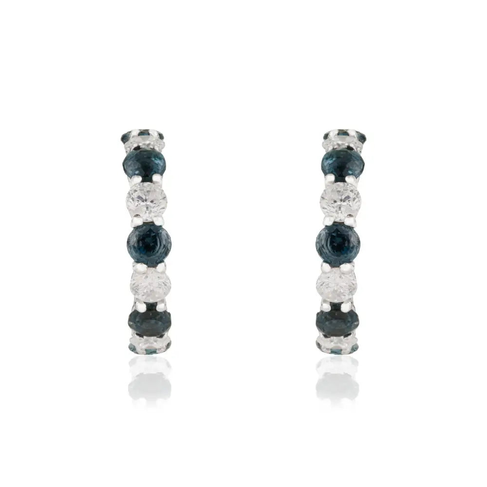 K14 Real White Gold Blue Sapphire & Diamond Small Hoop Earrings Everyday Wear Women Jewelry