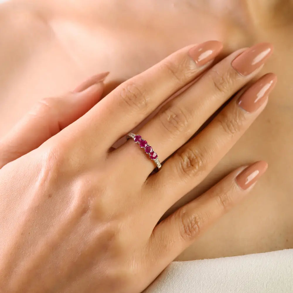 Natural Ruby & Diamond Stackable Band Ring Valentine's Day Gift 14K Pure White Gold Jewelry
