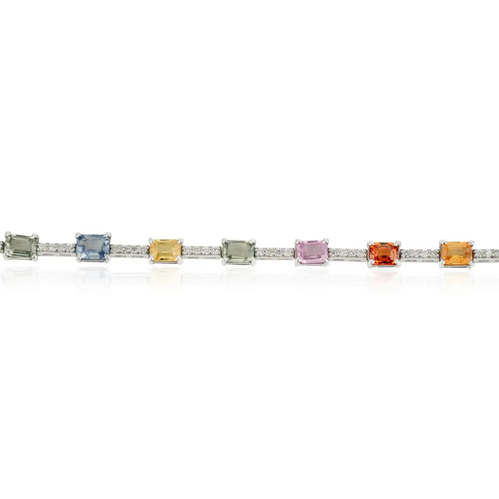 Octagon Shape Multi Sapphire & Round Cut Diamond K14 White Gold Sleek Tennis Bracelet