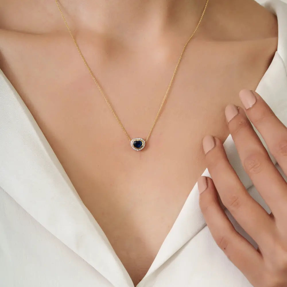 14K Yellow Gold Heart Shape Blue Sapphire & Diamond Halo Pendant Necklace Gift For Her