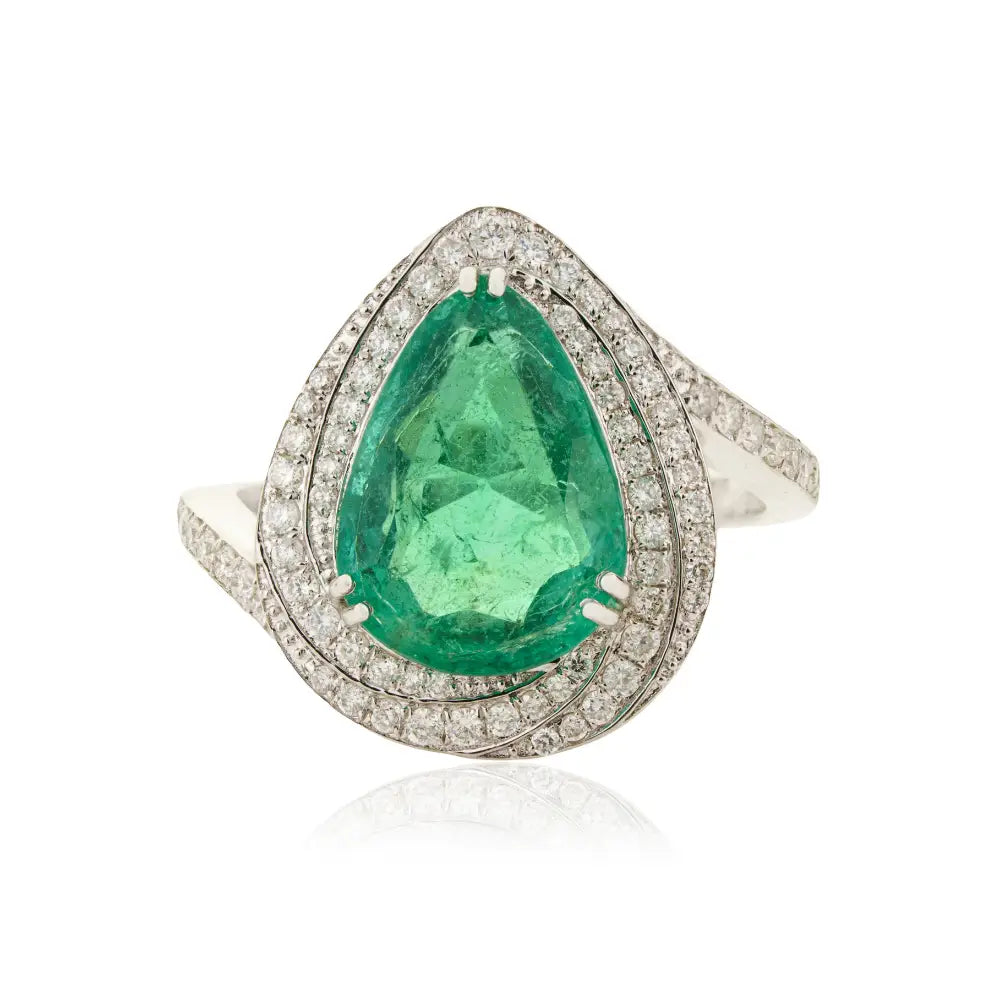 Double Prong Set Emerald & Diamond Cluster Cocktail Ring Wedding 18K White Gold Jewelry