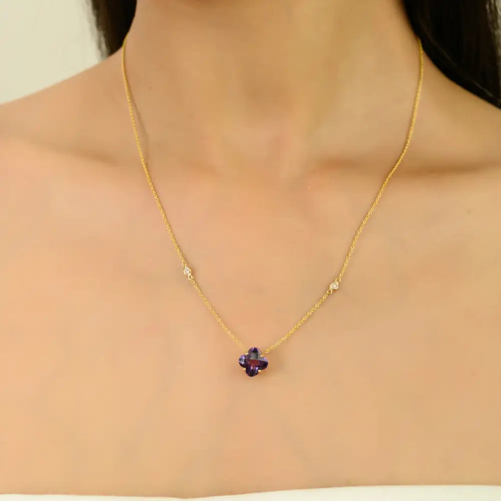 Clover Shape Amethyst & Round Cut Diamond Minimal Stacking Pendant Necklace K14 Gold