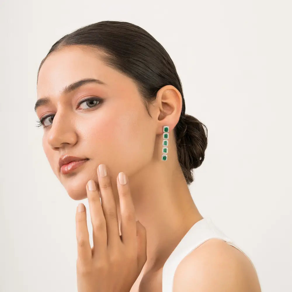 5x4 mm Emerald & Diamond Halo Statement Dangle Earrings 14K Pure White Gold Jewelry