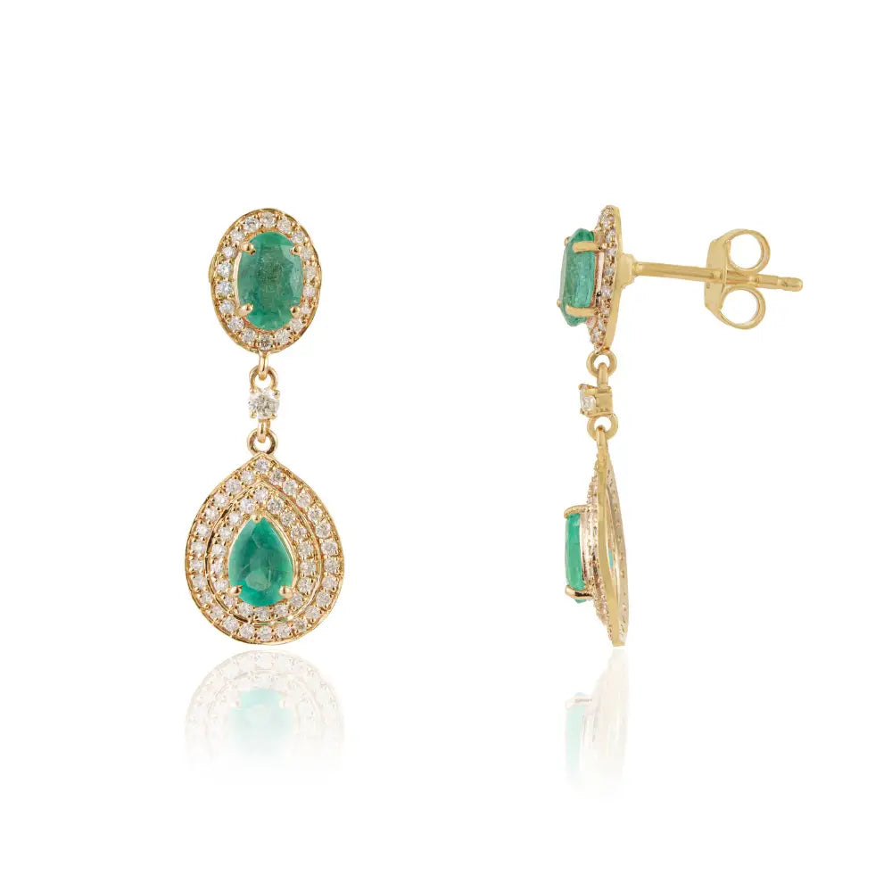 Anniversary Gift Emerald & Diamond Wedding Drop Earrings 14K Yellow Gold Fine Jewelry