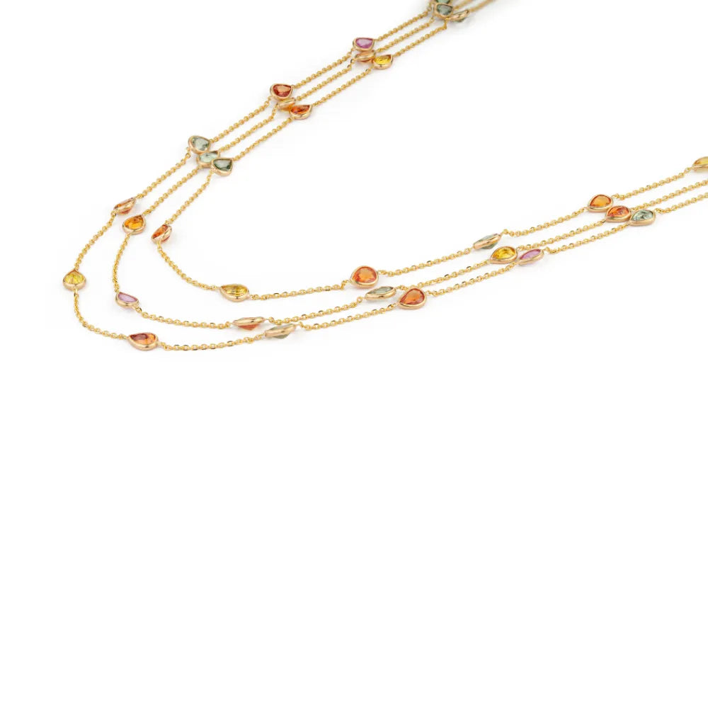 Colorful Gemstone Multi Sapphire Solid K18 Yellow Gold Triple Layer Station Chain Necklace Wedding Jewelry
