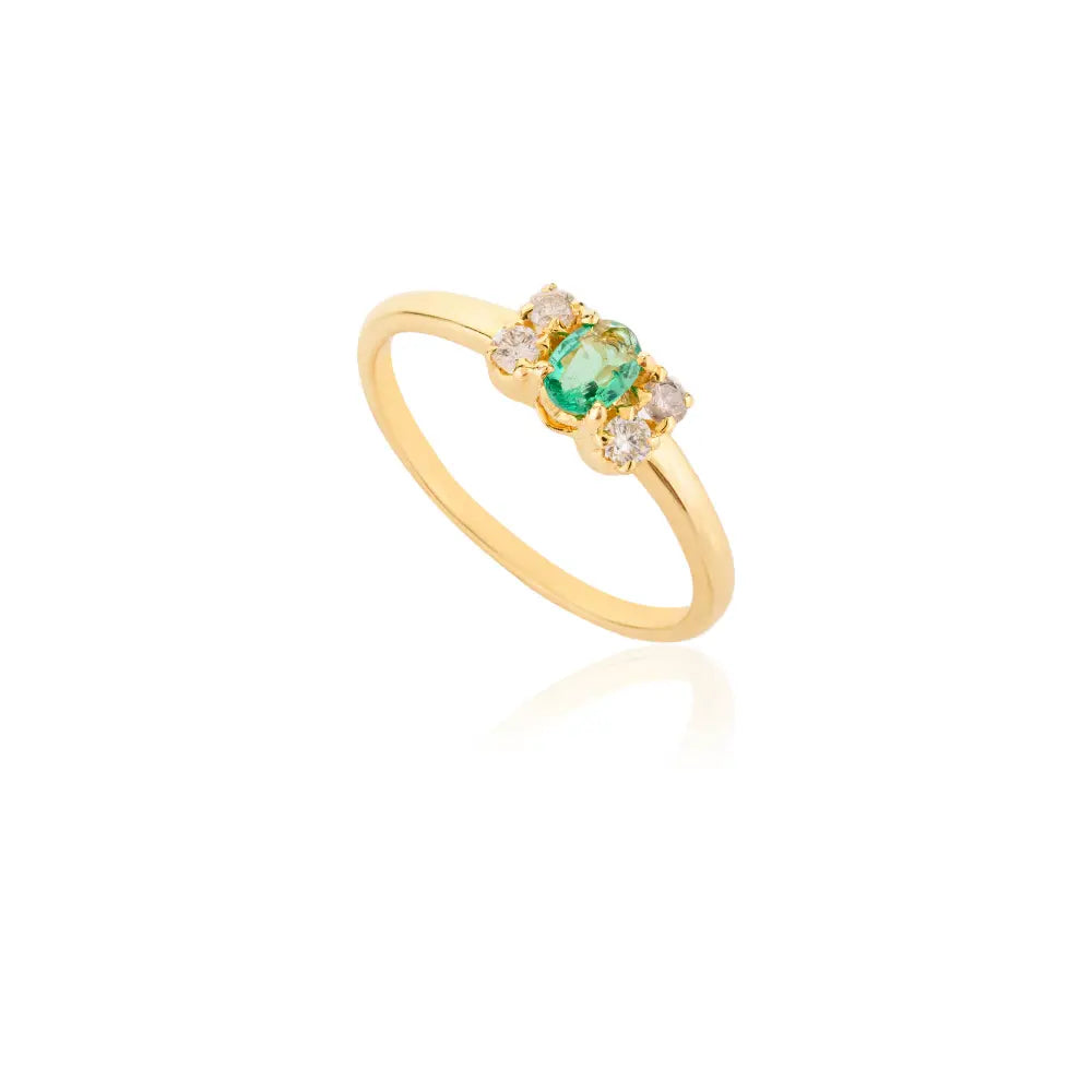 100% Natural Emerald & Diamond 14K Solid Yellow Gold Minimalist Ring