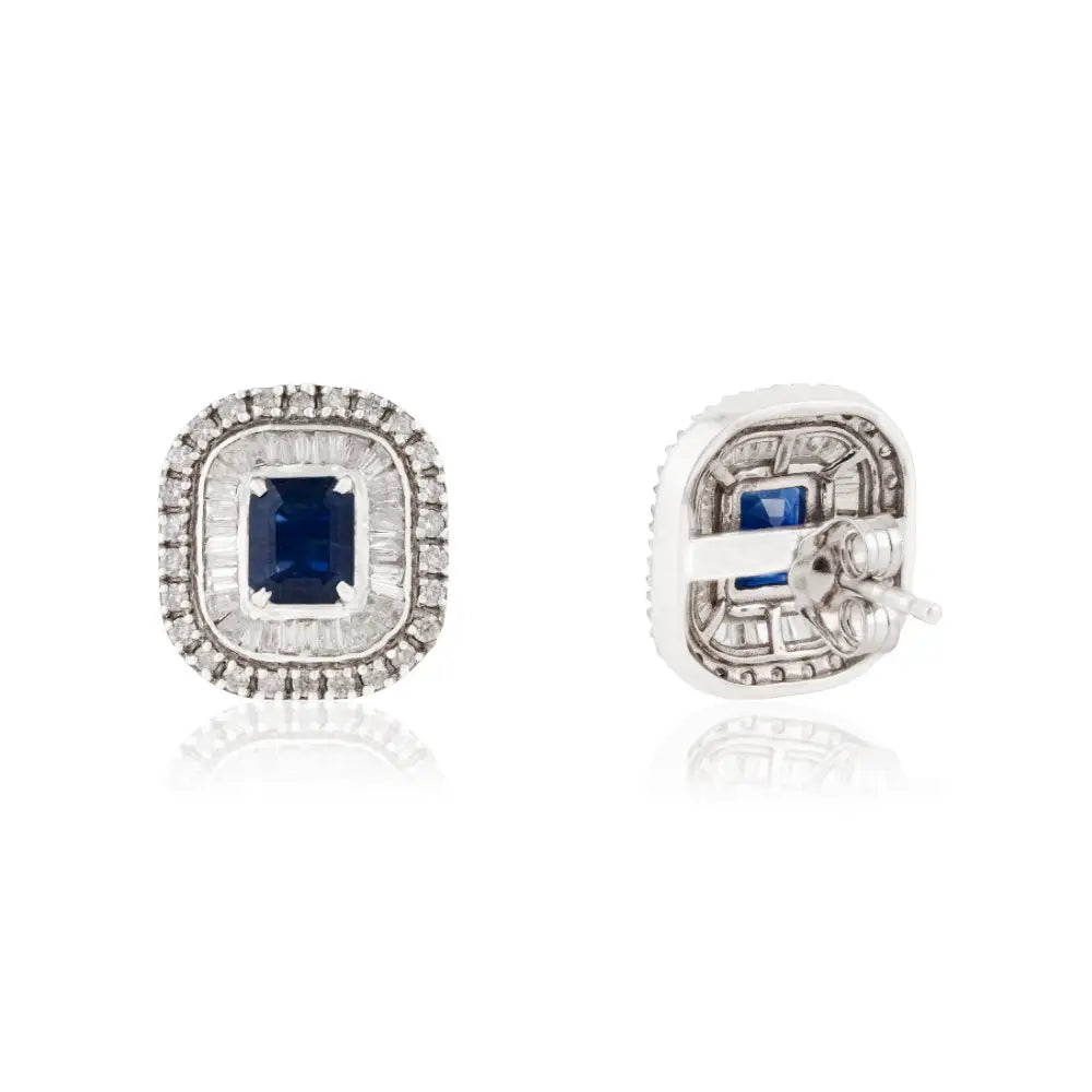 Gorgeous Blue Sapphire & Diamond Double Cluster Stud Earrings 14K Solid White Gold Jewelry
