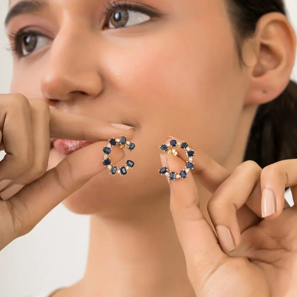 100% Natural Blue Sapphire & Diamond 14K Pure Yellow Gold Open Hoop Push Back Earrings