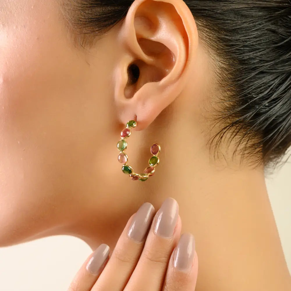 Elegant Jewelry Natural Round Cut Multi Tourmaline C Hoop Earrings 18K Yellow Gold