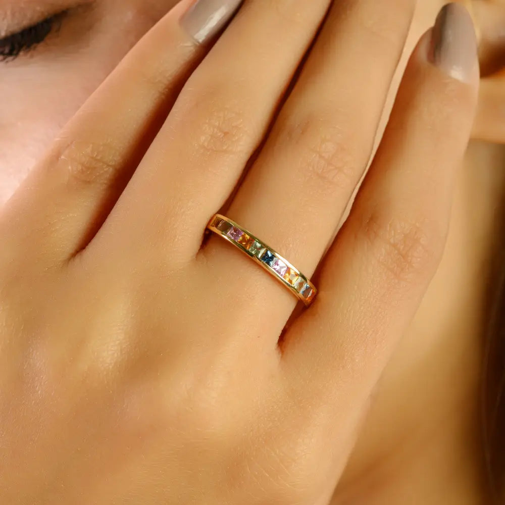 14K Solid Yellow Gold Rainbow Multi Sapphire New Arrivals Half Eternity Band Ring Simple Jewelry