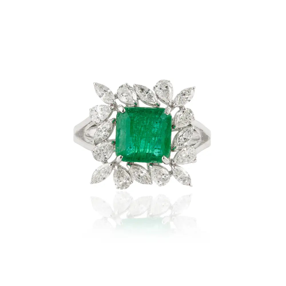 Unique Design Square Cut Emerald & Diamond Cocktail Ring Real K18 White Gold Luxury Jewelry