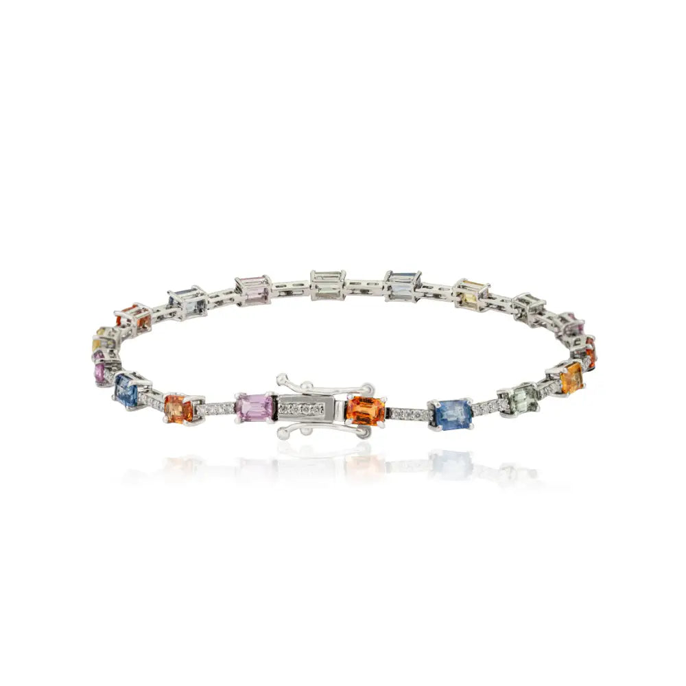 Octagon Shape Multi Sapphire & Round Cut Diamond K14 White Gold Sleek Tennis Bracelet