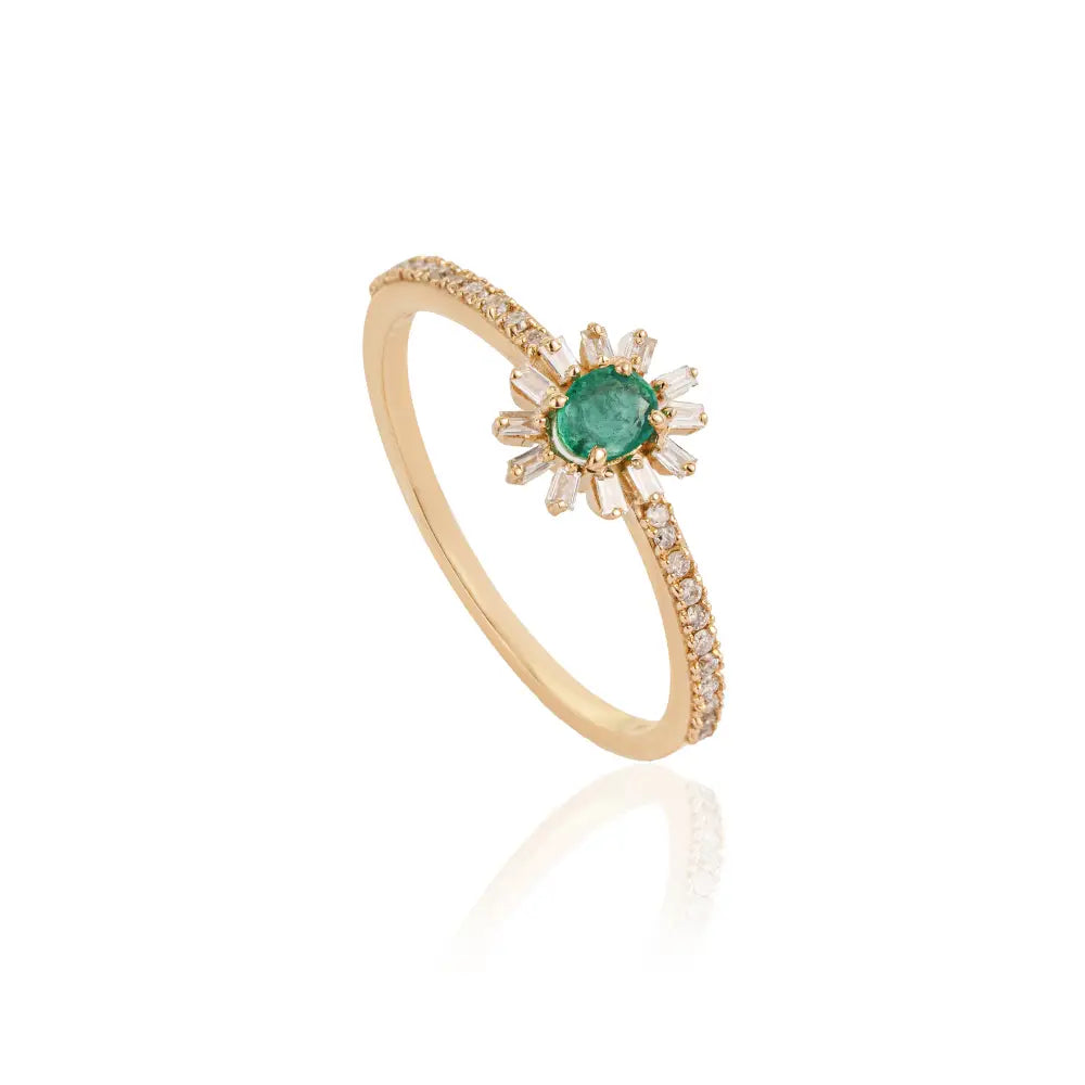 Newly Design Emerald & Diamond K14 Solid Yellow Gold Stacking Ring Minimal Jewelry