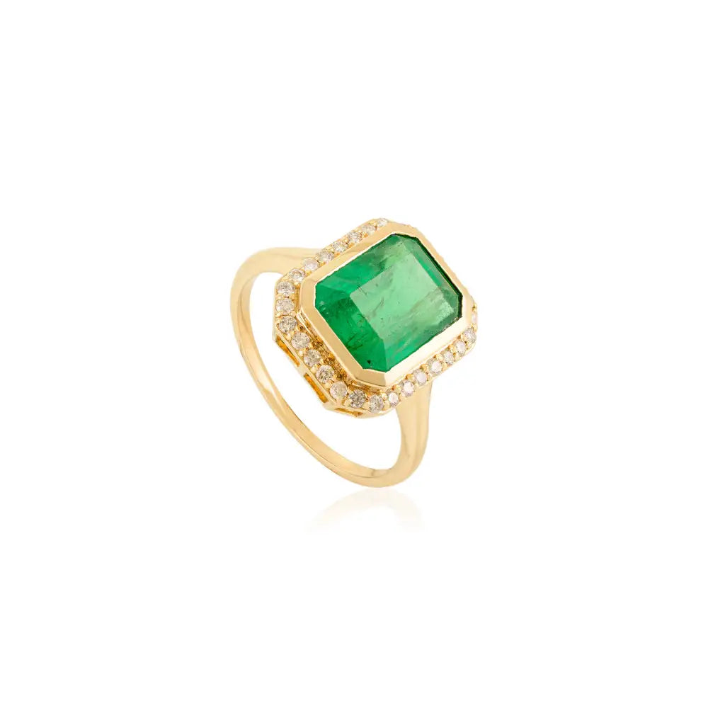Octagon Cut Emerald & Diamond Halo Statement Ring Real K14 Yellow Gold Precious Jewelry