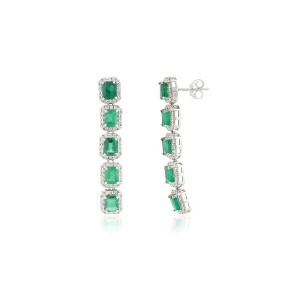 5x4 mm Emerald & Diamond Halo Statement Dangle Earrings 14K Pure White Gold Jewelry
