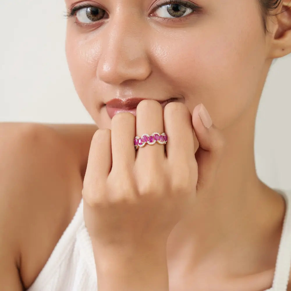 Wave Design Half Eternity Band Ring Featuring Real Ruby & Diamond 14K Solid Gold Jewelry