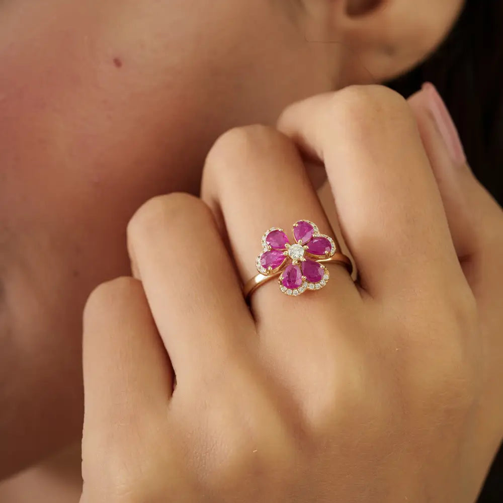 Luxury Ruby & Diamond Flower Shape Cocktail Ring For Wedding Solid 14K Yellow Gold Jewelry