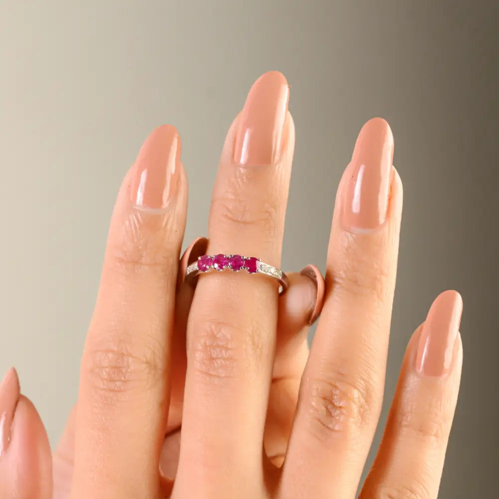 Natural Ruby & Diamond Stackable Band Ring Valentine's Day Gift 14K Pure White Gold Jewelry