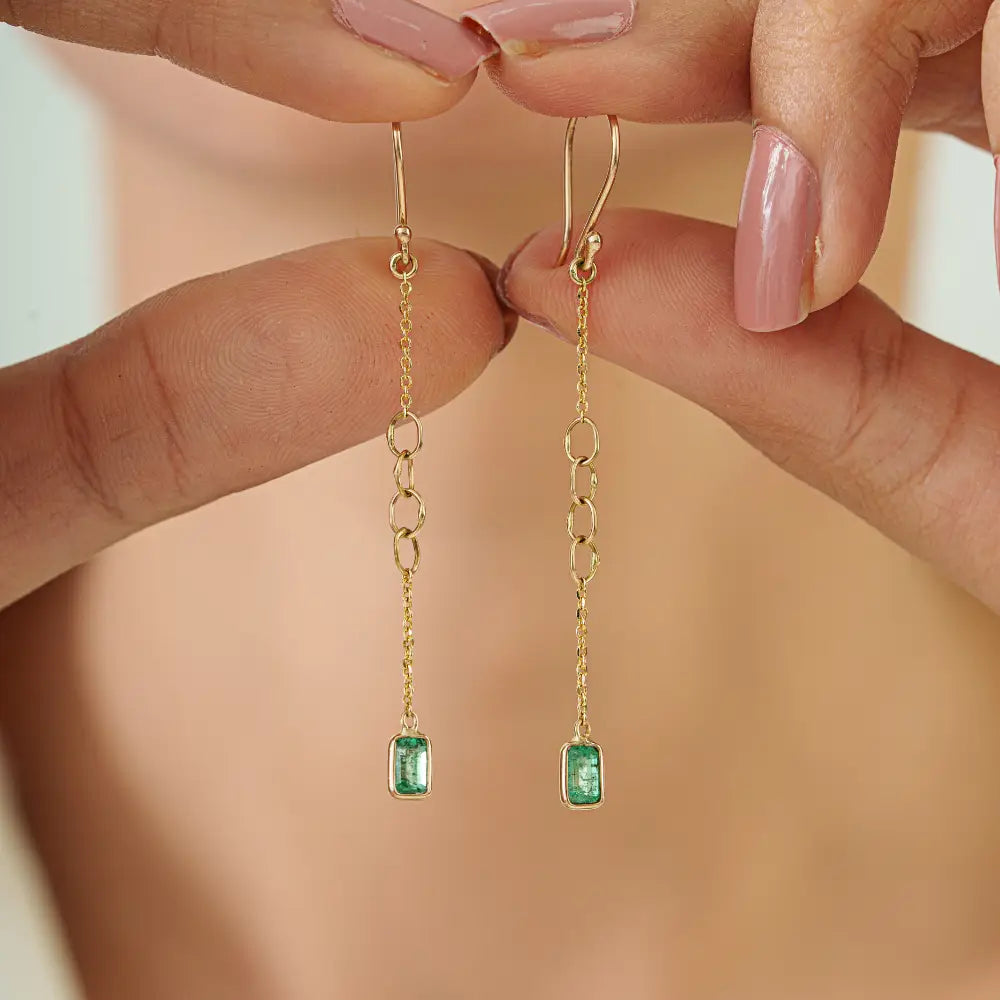 Dainty Simple Design Emerald Link Chain Dangle Earrings Real K14 Yellow Gold Bulk Jewelry