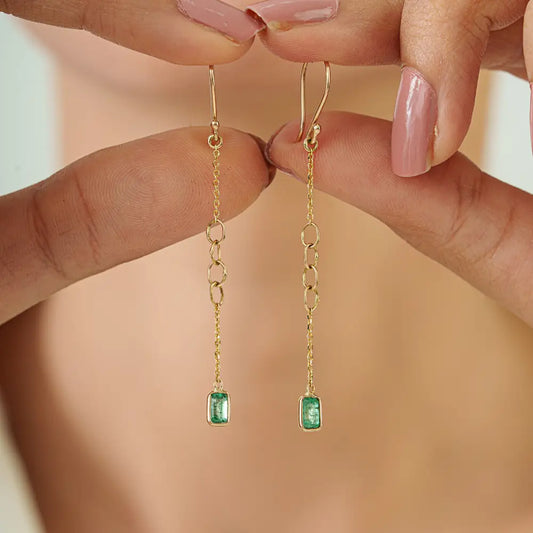 Dainty Simple Design Emerald Link Chain Dangle Earrings Real K14 Yellow Gold Bulk Jewelry
