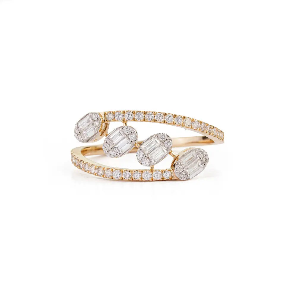 Unique Design 14K Pure Yellow Gold Genuine Diamond Bypass Style Statement Ring For Wedding