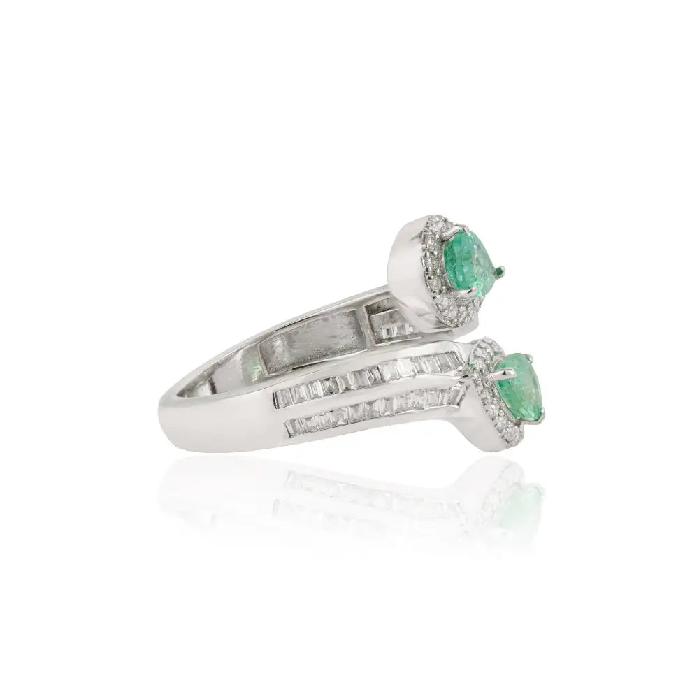 Authentic Emerald & Diamond Statement Bypass Ring Pure 14K White Gold Handmade Jewelry