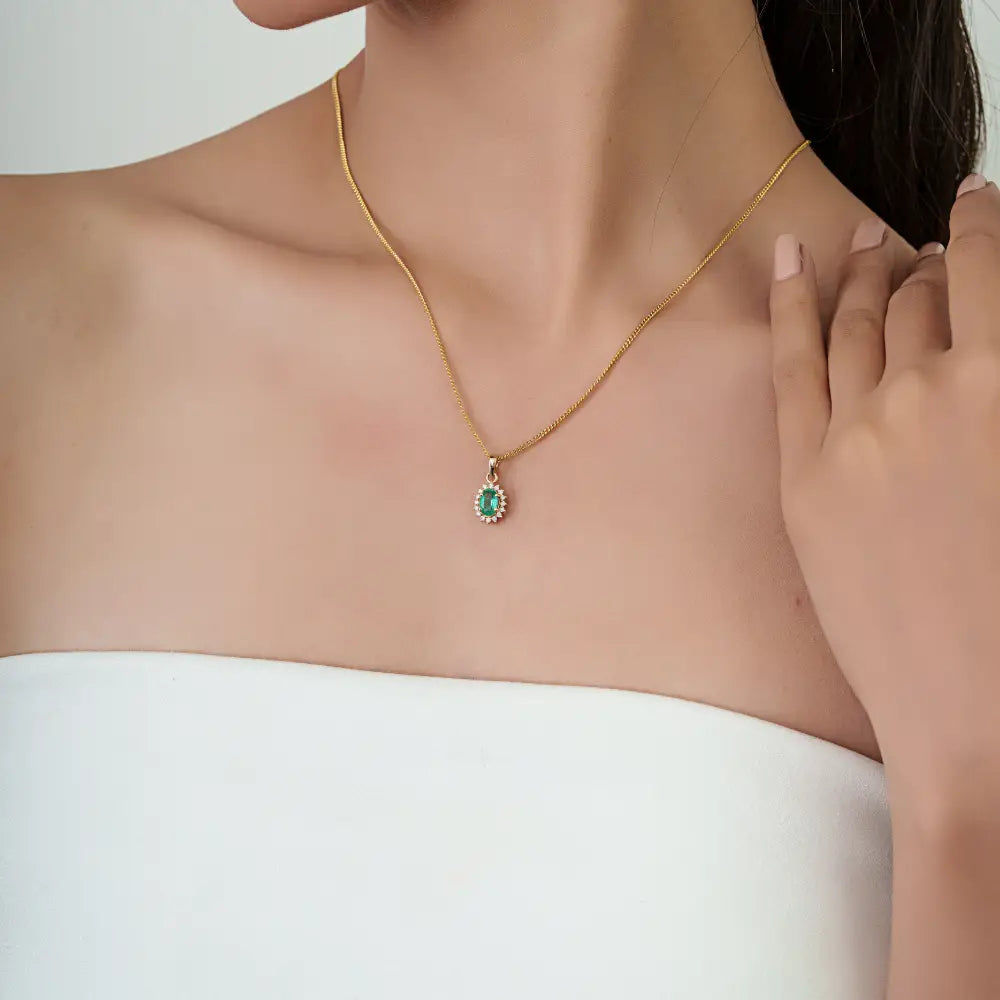 Handmade 14K Yellow Gold Emerald & Diamond Cluster Pendant Small Daily Wear Jewelry