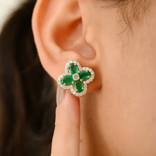 Emerald & Diamond Clover Shape Big Stud Earrings May Birthstone K18 Real Yellow Gold Jewelry
