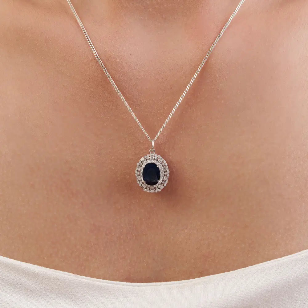 Fine Customized Solid K14 White Gold Blue Sapphire & Diamond Cluster Pendant For Wedding