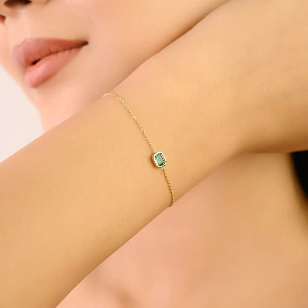 100% Natural Zambian Emerald Single Stone Stacking Bracelet For Daily Wear 14K Real Gold