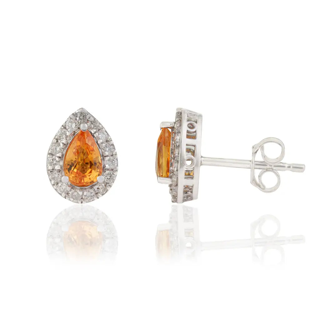Solid K14 White Gold Yellow Sapphire & Diamond Fine Halo Stud Earrings Handmade Jewelry