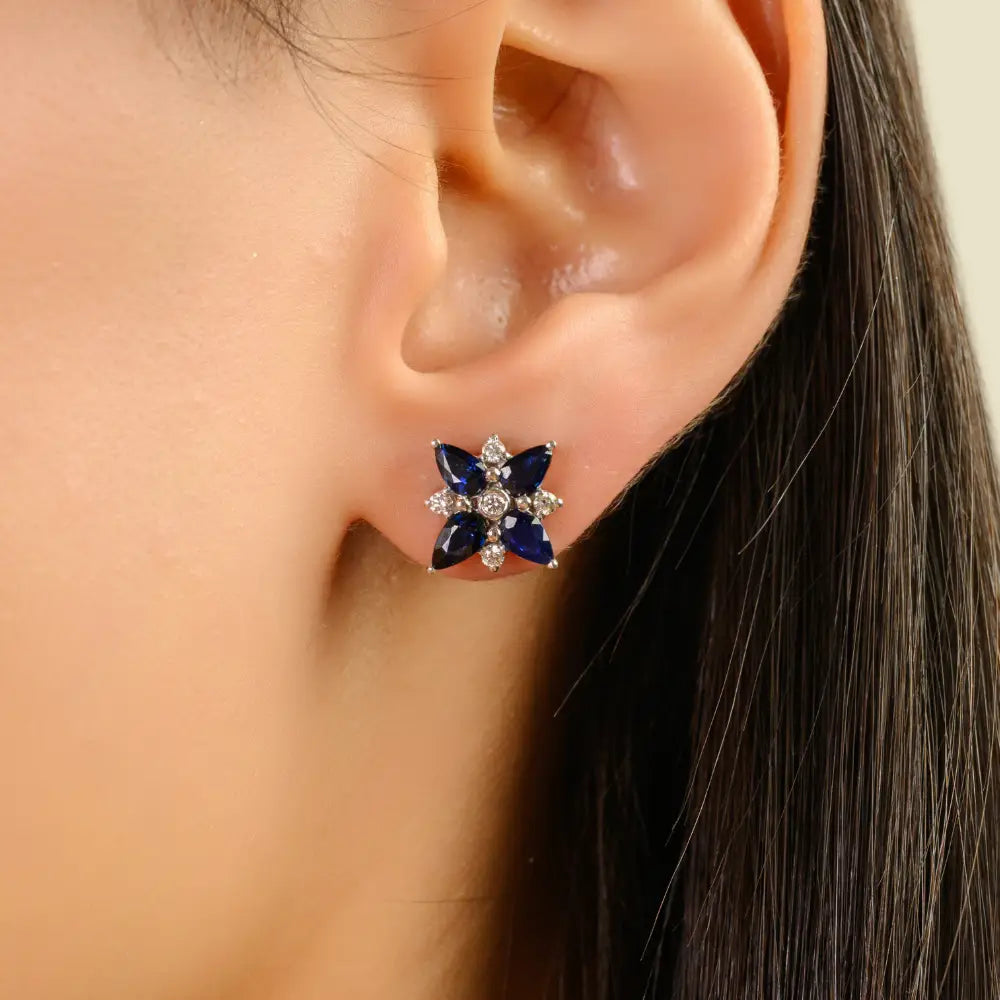 Unique Design 14K White Gold Blue Sapphire & Diamond Flower Stud Earrings For Women