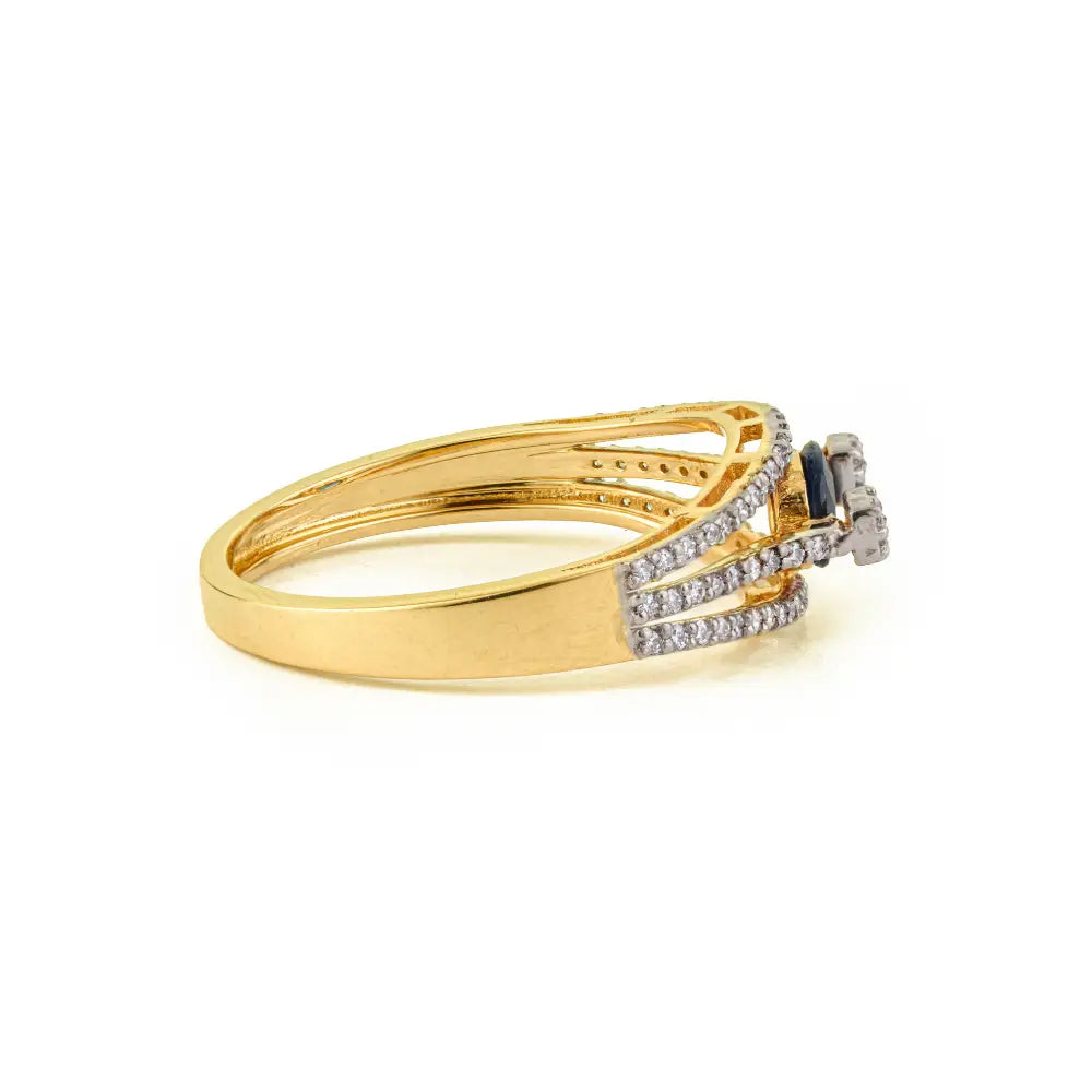 Best Quality 14K Yellow Gold Blue Sapphire & Diamond Triple Layer Statement Ring Fine Jewelry