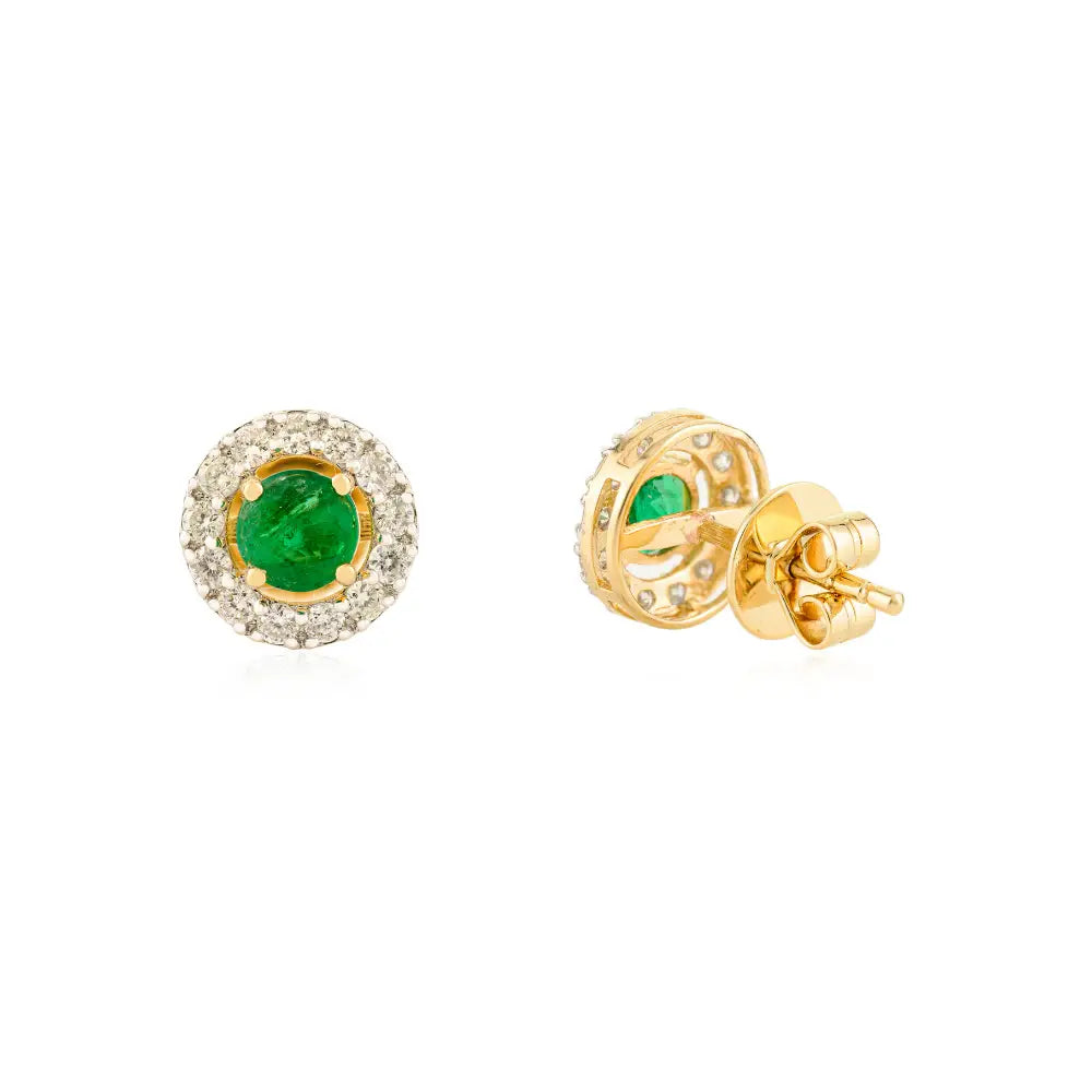 High Quality Emerald & Diamond 18K Yellow Gold Round Shape Halo Stud Earrings Fine Jewelry